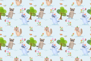 Cute Raccoon in Forest Seamless Pattern